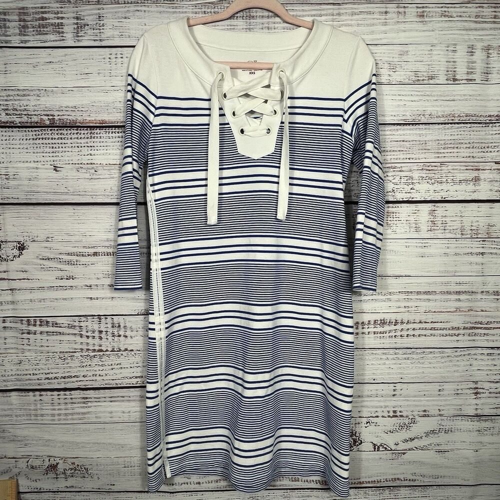 Vineyard Vines Dress Yacht Stripe White Blue Lace Up Cotton Preppy Nautical XXS